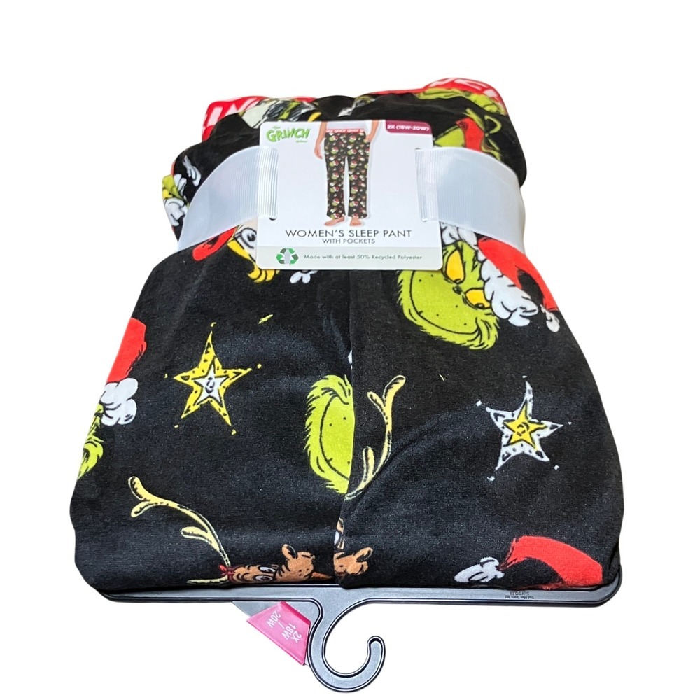 The Grinch Sleep Pants Women 2X Black New Christmas Fleece Lounge Dr Seuss